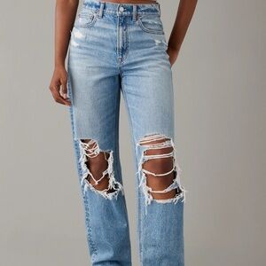 NWT American Eagle highest rise baggy straight medium indigo destructed jeans 10